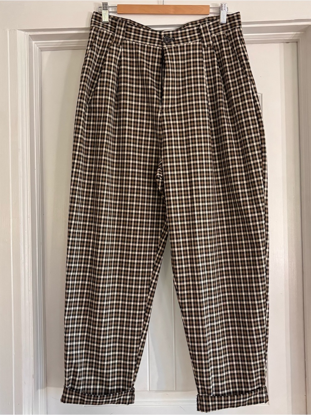 Women Topshop Brown and Cream Plaid Relaxed Chinos SZ 10